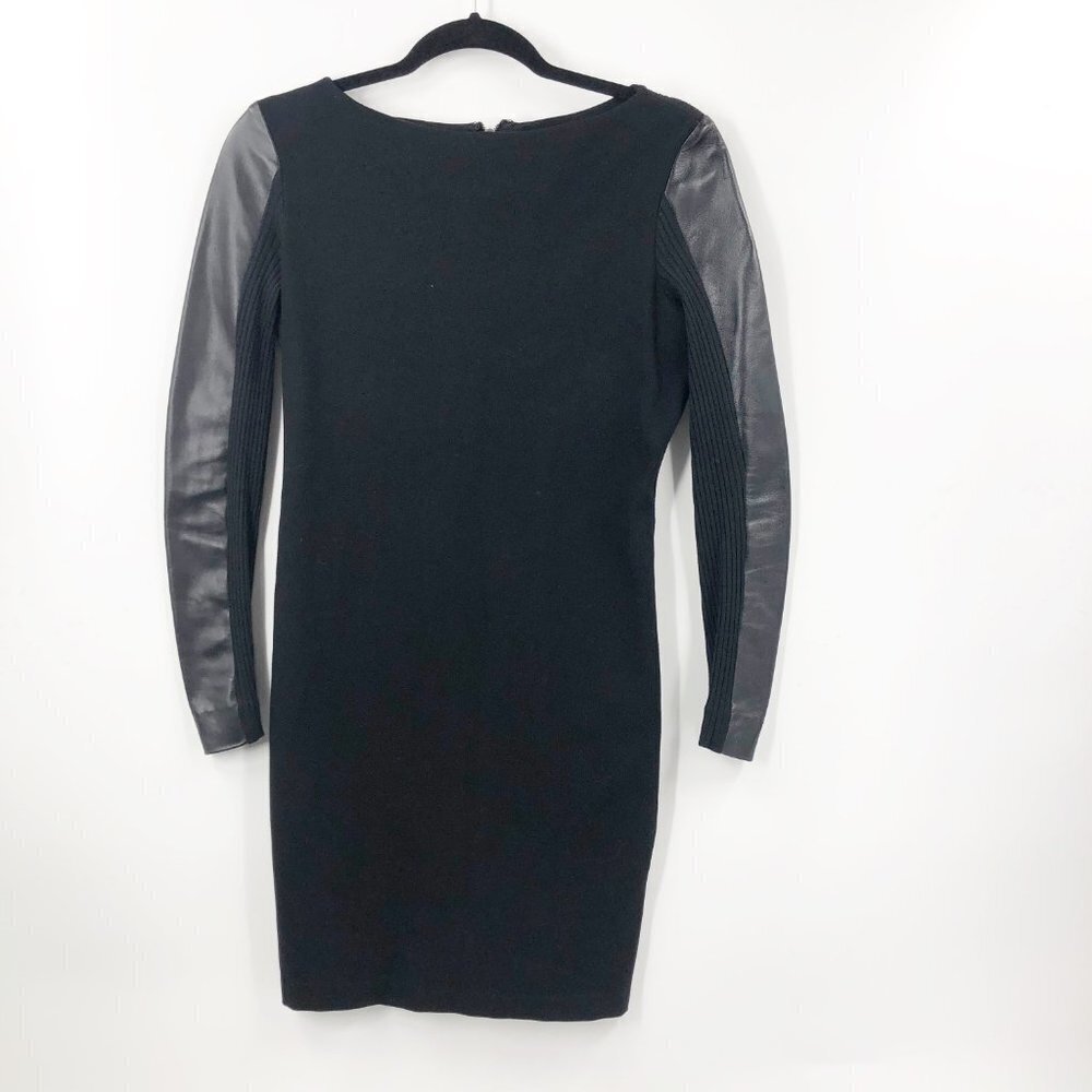 ✅ NICOLE MILLER ARTELIER BLACK RIBBED DRESS WITH LAMB LEATHER SLEEVES MEDIUM